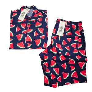 NWT | JOGAL | Navy Blue | 2pc Watermelon Print Button Up & Shorts Set | Small